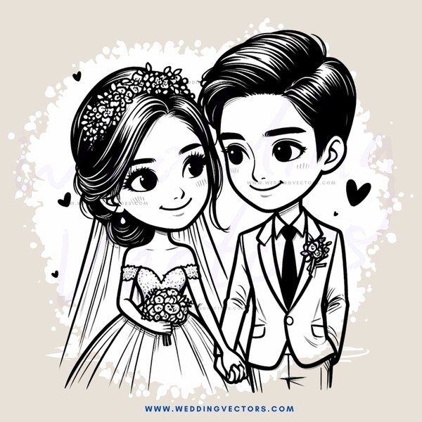 wedding couple in black and white cartoon illustration