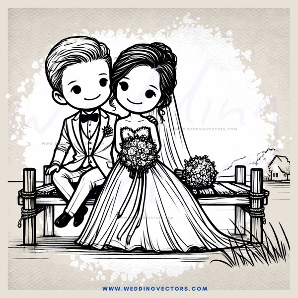 a couple sitting on a bench with flowers and a dress