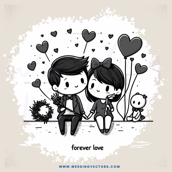 a boy and girl with hearts floating around them