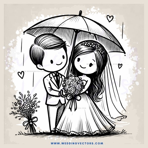bride and groom hold flowers under an umbrella