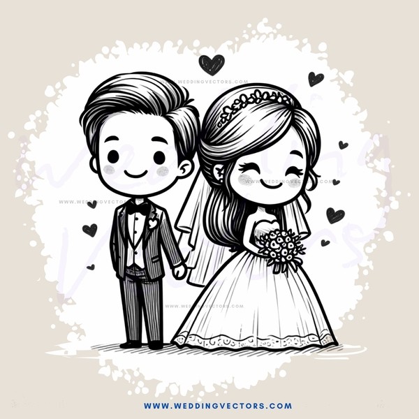 a bride and groom with hearts floating around them