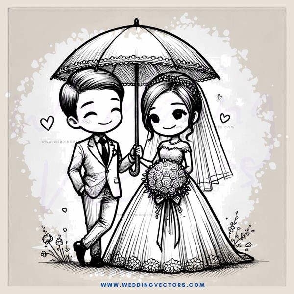 cartoon wedding anniversary with bride and groom under umbrella