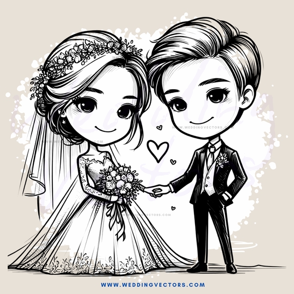 a bride and groom in black and white wedding attire hold hands together