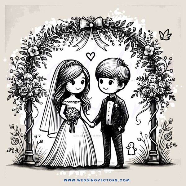 wedding bride and groom cartoon sketch in black and white