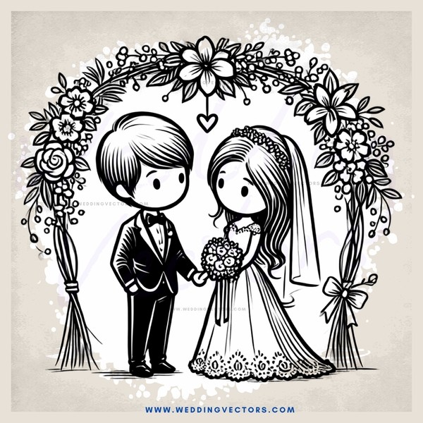 a bride and groom stand under flowers in an archway