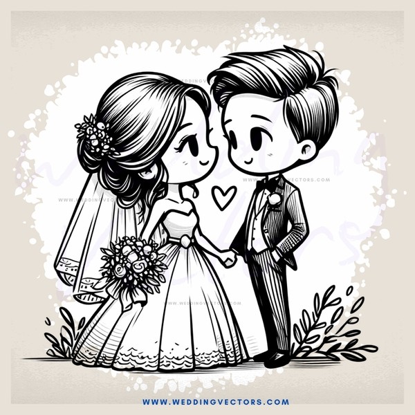 a bride and groom interacting in cartoon style