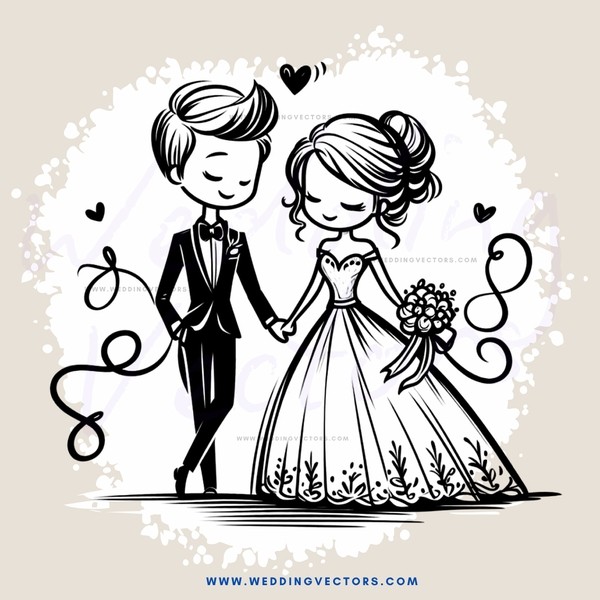 a couple walking together, with flowers and hearts behind them