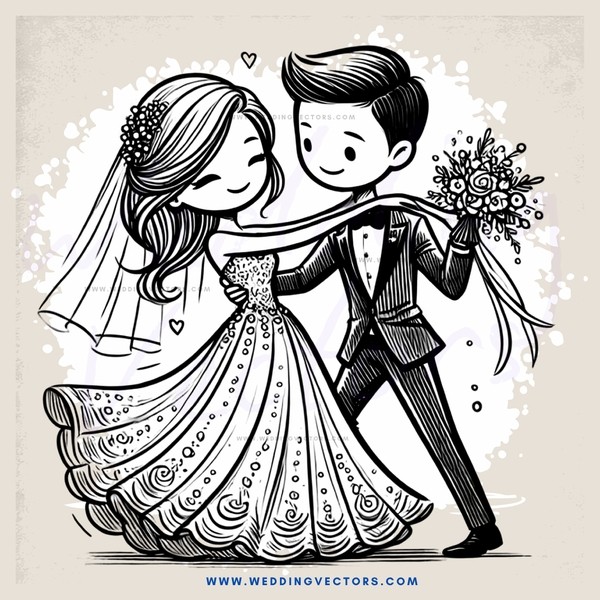 wedding bride and groom cartoon drawing