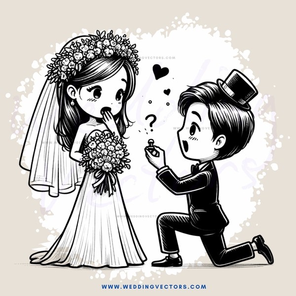 bride and groom holding hands in black and white cartoon style drawing