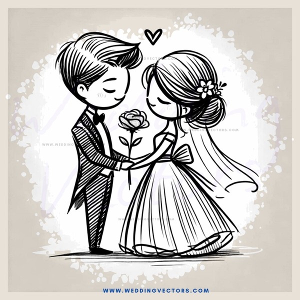 a boy and girl standing together and holding flowers