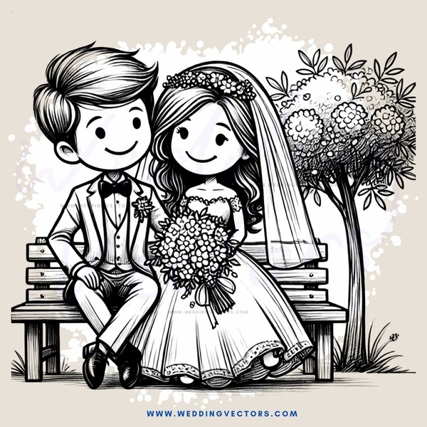 a bride and groom sit on a bench