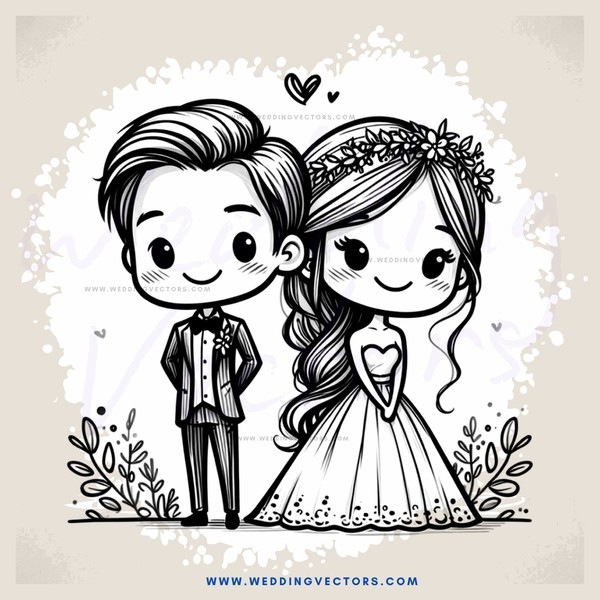 a young couple in wedding attire