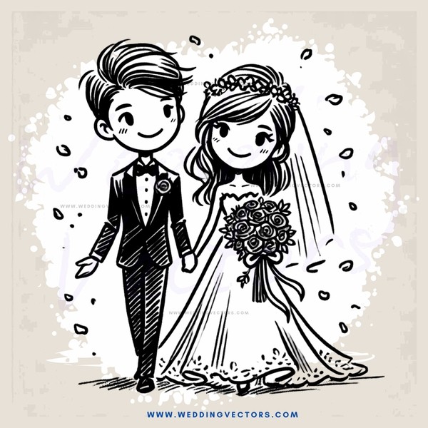 a black and white picture of a bride and groom