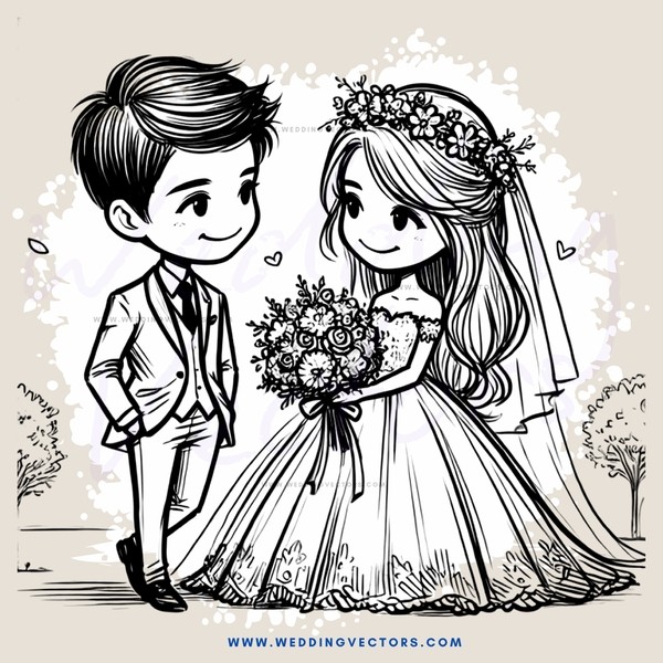 a bride and groom with flowers