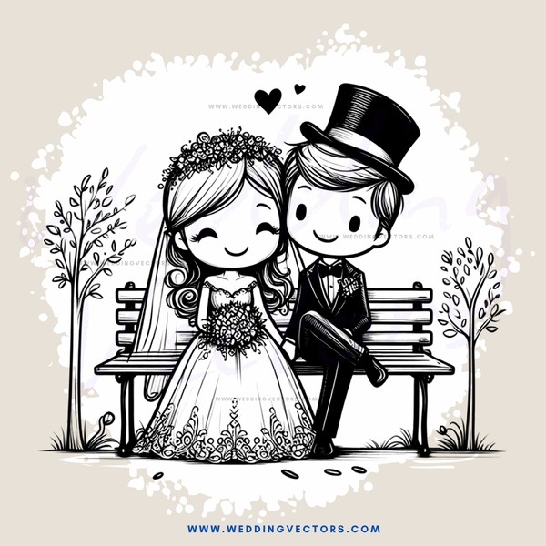 a wedding couple sitting on a bench with hearts floating in the air
