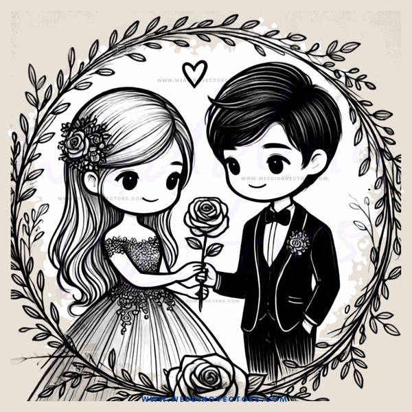 a boy and girl holding flowers with hearts