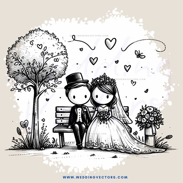 wedding couple on bench surrounded by love hearts and flowers