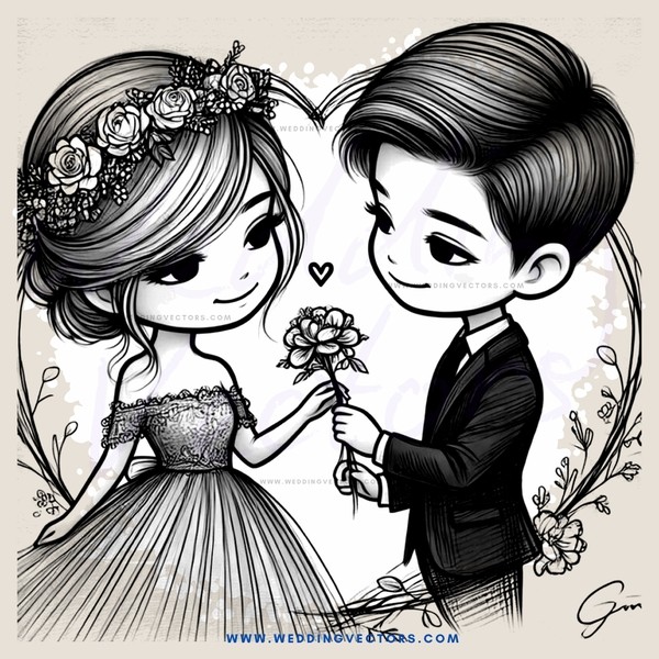 a wedding illustration in black and white