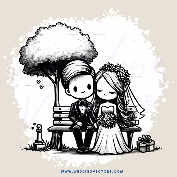 a bride and groom sit on a bench under a tree