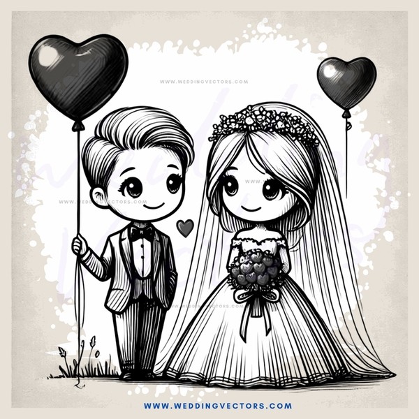 a bride and groom holding heart balloons