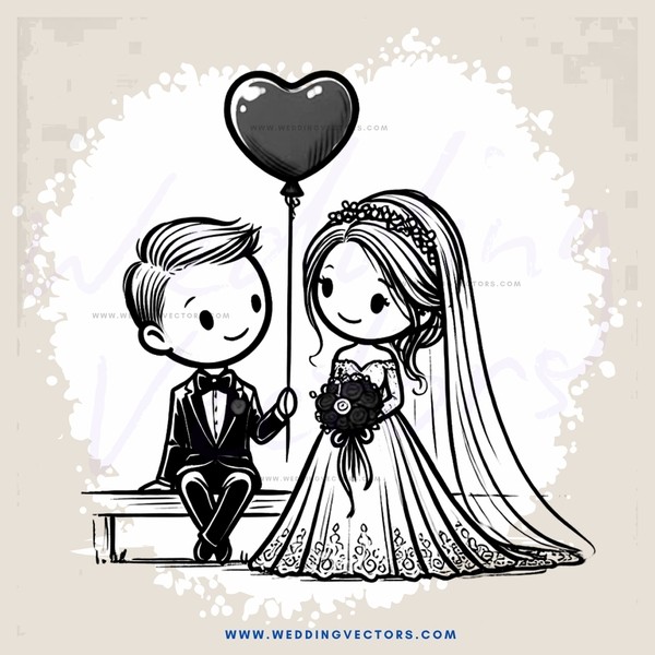 a bride and groom holding a balloon together