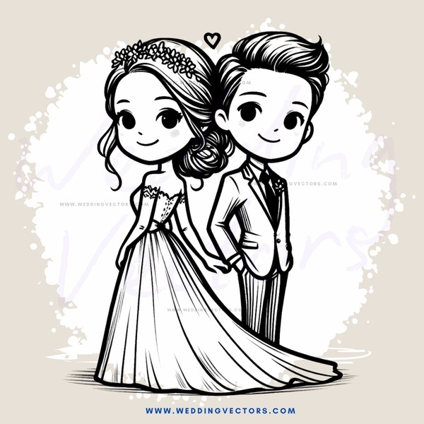 a couple in wedding attire with hearts between them