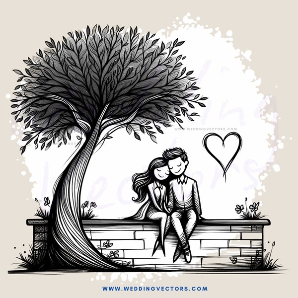 a couple sitting under a tree with an "i" heart above them