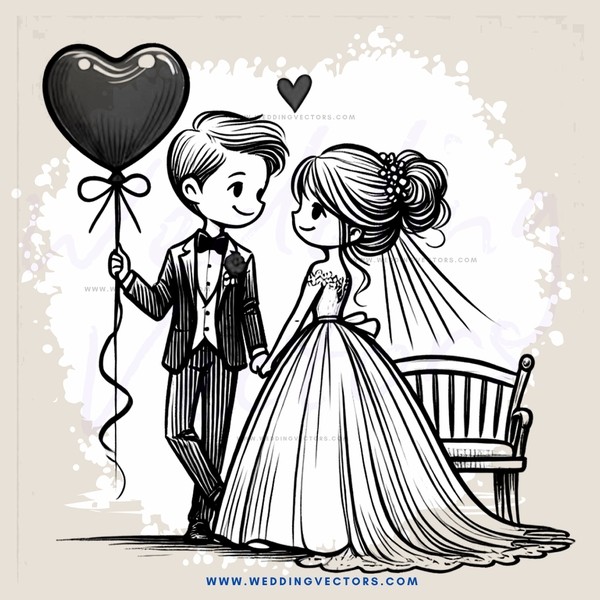 a bride and groom holding hands with an air balloon