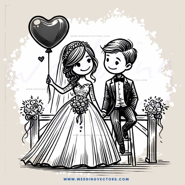 a bride and groom with a balloon in between them