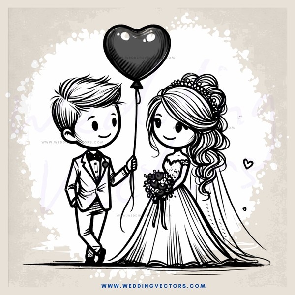 heart shaped balloon with wedding couple standing below it