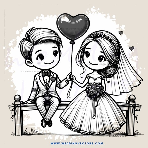 a bride and groom with a heart balloon