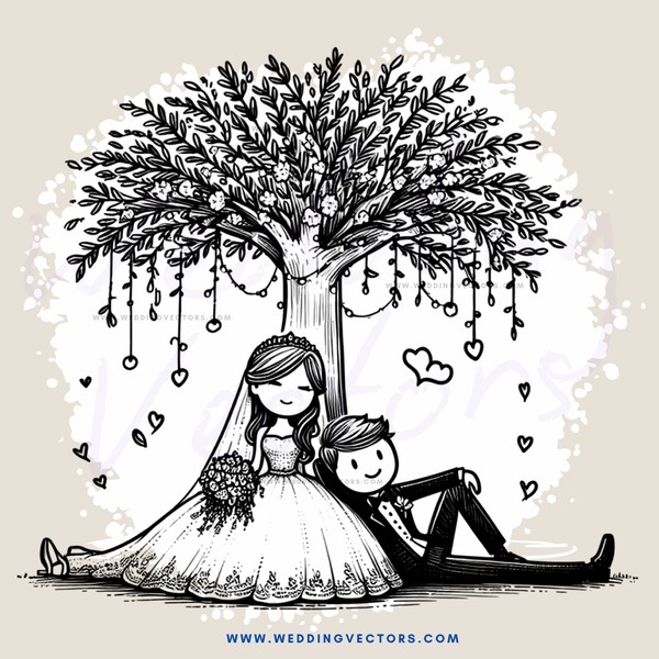 a bride and groom sitting under a tree with hearts