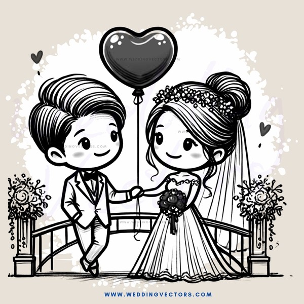 wedding couple posing for picture with balloon