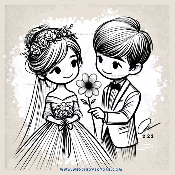 wedding portrait - girl and boy looking at flower