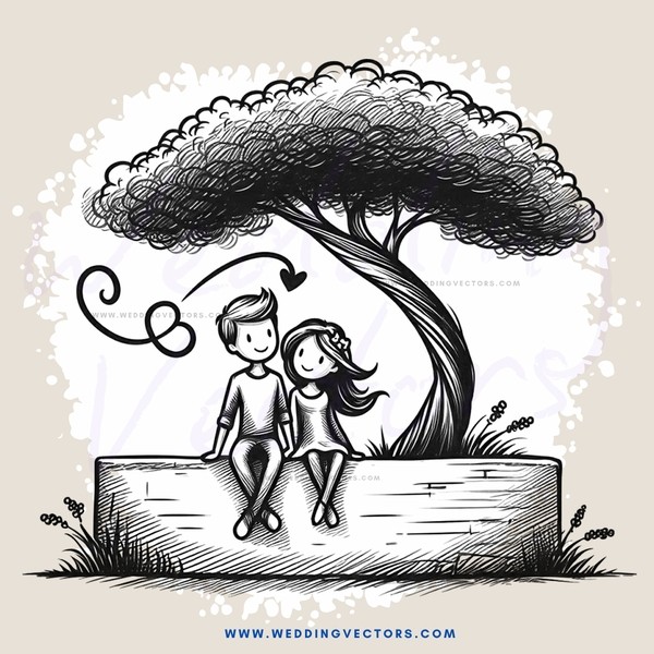 a boy and girl sitting under a tree