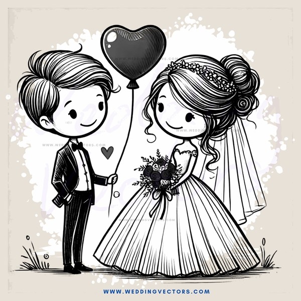 a bride and groom holding balloons
