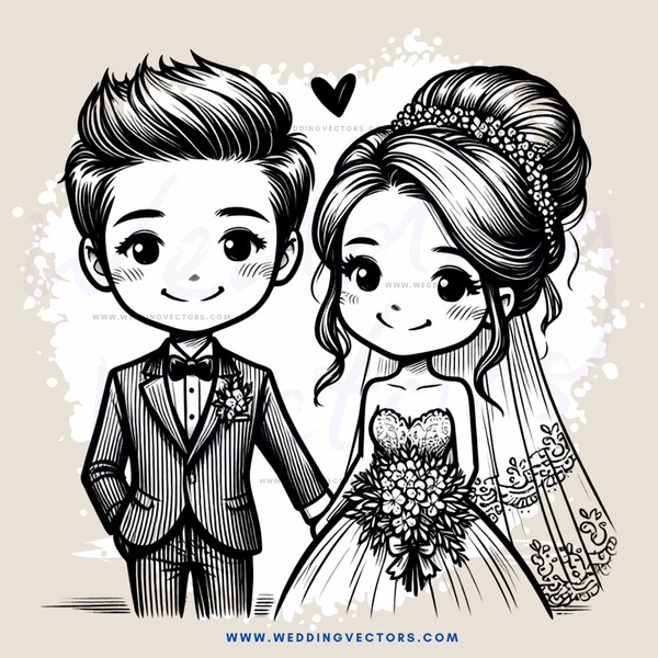 wedding couple in black and white illustration