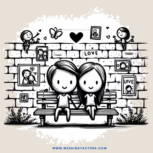 two people sitting on a bench with pictures behind them