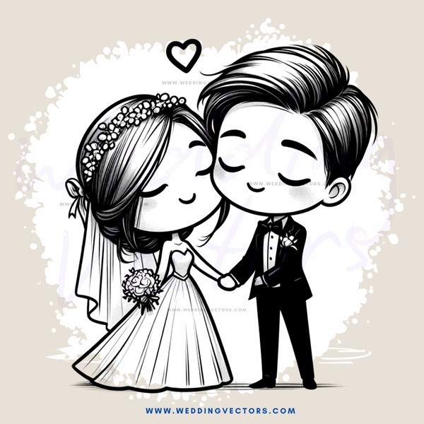 wedding couple hugging in cartoon drawing