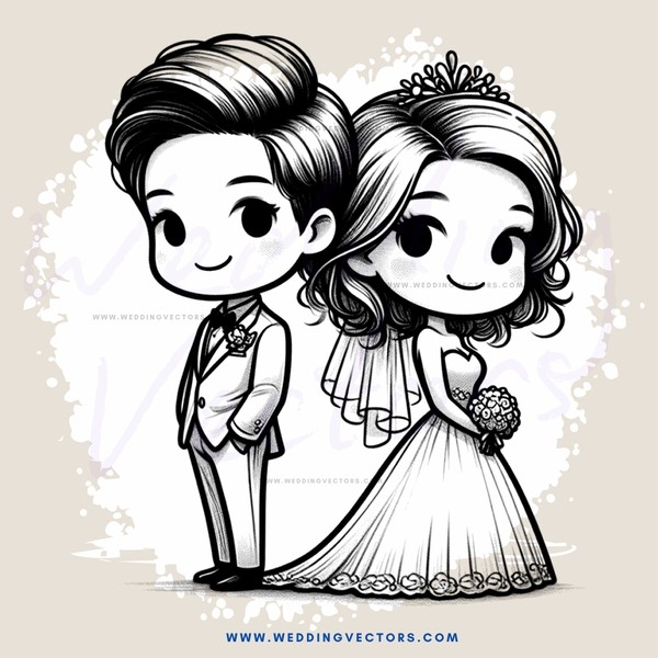 wedding couple cartoon drawing in black and white