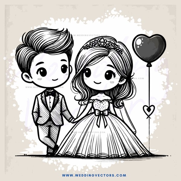 a couple in wedding attire with balloons and hearts