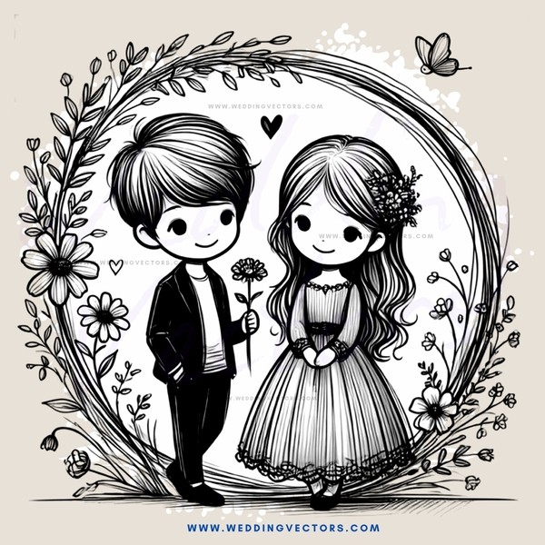 a boy and girl in an arch with flowers