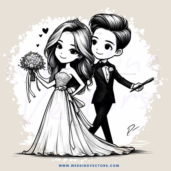 a couple in wedding attire with a cell phone