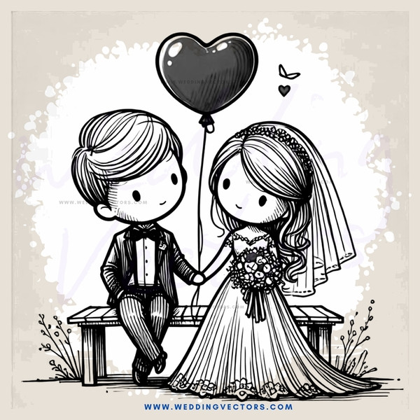 wedding couple sitting on bench with balloon