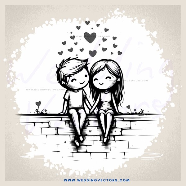 a boy and girl sitting on a brick wall with hearts above them