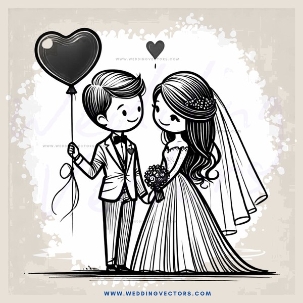 a bride and groom with balloons