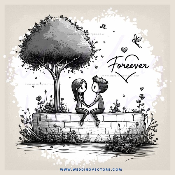 couple in front of tree with forever written above them