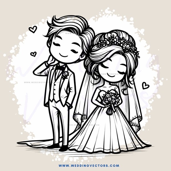 a wedding couple in black and white illustration