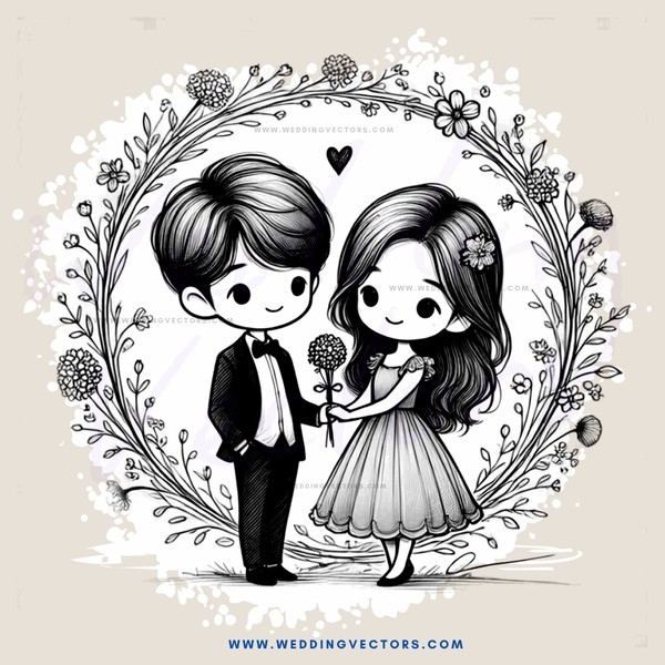 two people standing inside of a wreath
