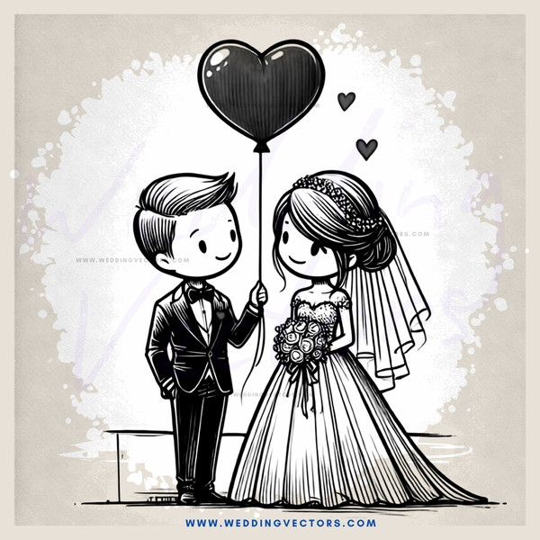 bride and groom holding heart shaped balloon